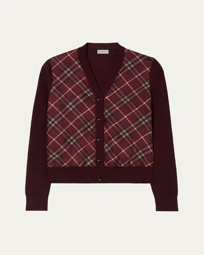 Burberry Check Panel Wool Silk Cardigan In Brown