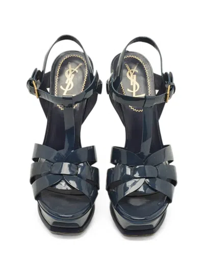 Pre-owned Saint Laurent Tribute Leather Platform Sandals In Blue