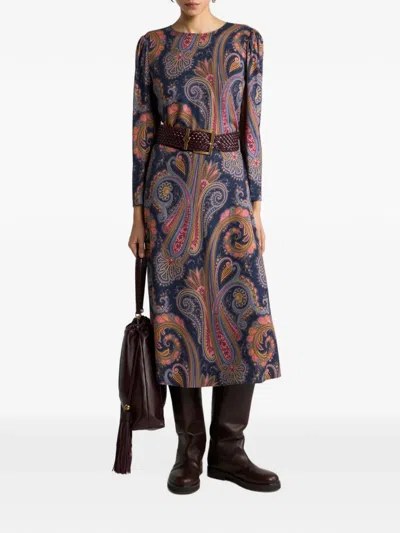 Etro Crepe Midi Dress With Paisley Motif In Blue