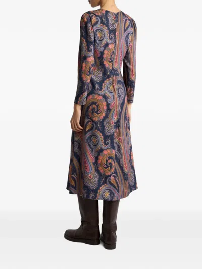 Etro Crepe Midi Dress With Paisley Motif In Blue
