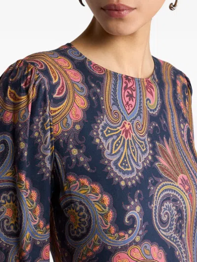 Etro Crepe Midi Dress With Paisley Motif In Blue