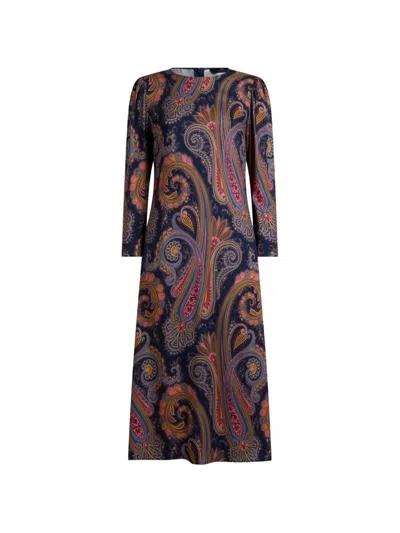 Etro Crepe Midi Dress With Paisley Motif In Blue