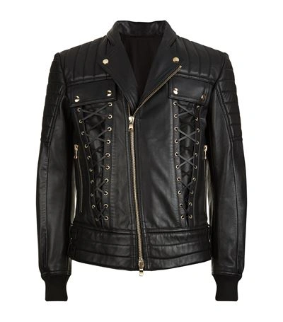 Shop Balmain Lace-up Detail Leather Biker Jacket