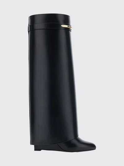Givenchy Women Black Sandals With Logo Plaque On The Front And High Wedge Heel In Leather Woman In Black