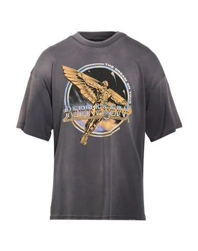Represent Black Crew Neck T-shirt With Graphic Print On Front And Back And Faded Effect In Cotton Man In Gray