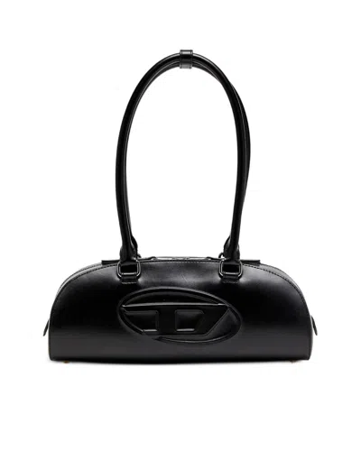 Diesel Elongated Bowling Dome Shoulder Bag In Smooth Black Leather