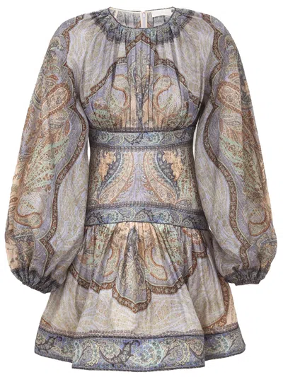 Zimmermann Wanderlust Multicolor Crewneck Mini Dress With Puffed Long Sleeves And All-over Print In Cotton And  In Brown