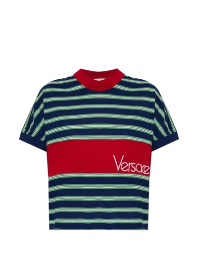 Versace Logo-embroidered Striped Cotton-jersey T-shirt In Black