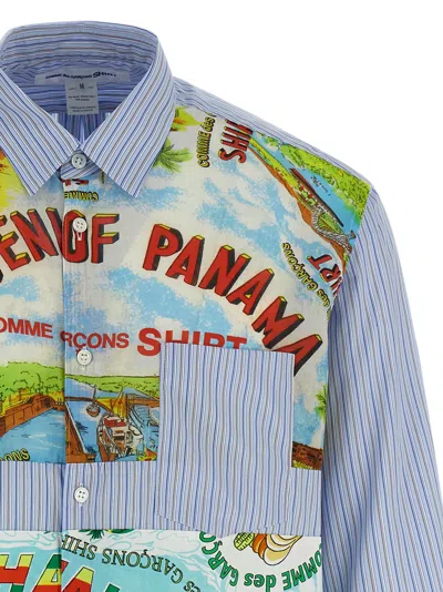 Comme Des Garçons Patterned Insert Cotton Poplin Shirt With Asymmetric Hem In Blue