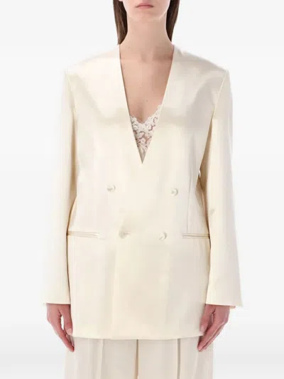 Alberta Ferretti Alberta Ferreti White Double-breasted V-neck Button Fastening Long Sleeves Front Pockets In Neutral