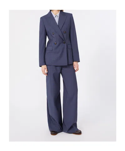 Max Mara Studio Doublebreasted Jacket In Denim Blue Wool Canvas In Blue