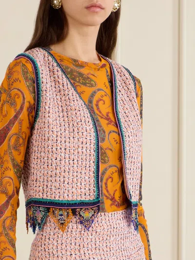 Etro Fringed Embroidered Tweed Vest In Brown
