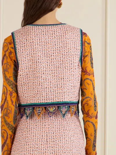 Etro Fringed Embroidered Tweed Vest In Brown