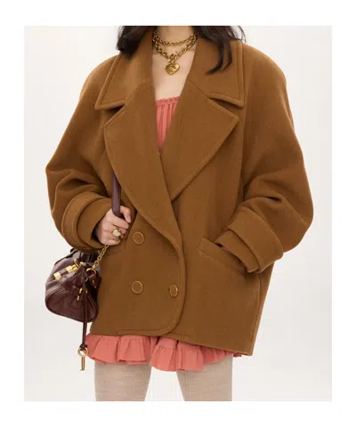 Chloé Double-breasted Short Coat In Herringbone Wool In Brown
