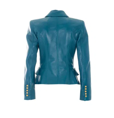 Balmain Leather 6-button Jacket In Blue