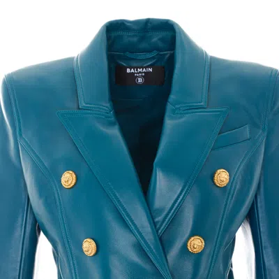 Balmain Leather 6-button Jacket In Blue