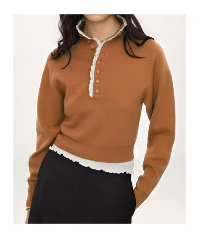 Chloé Wool Knit Mock Neck Lace Pullover In Brown
