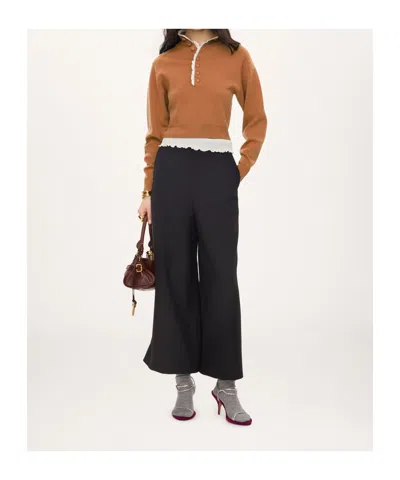 Chloé Wool Knit Mock Neck Lace Pullover In Brown
