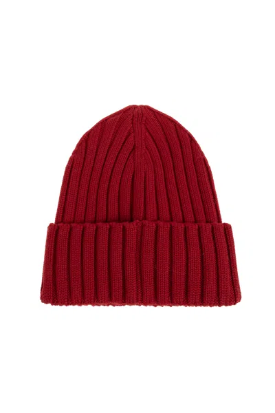 Moncler Cable-knit Wool Beanie With Logo In Burgundy In Red