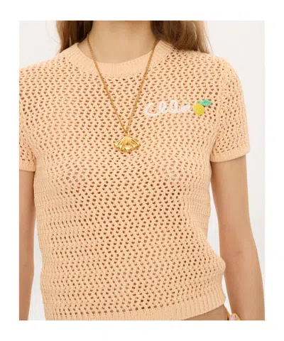 Chloé Chloe Logo-intarsia Open-knit Cotton T-shirt In Brown