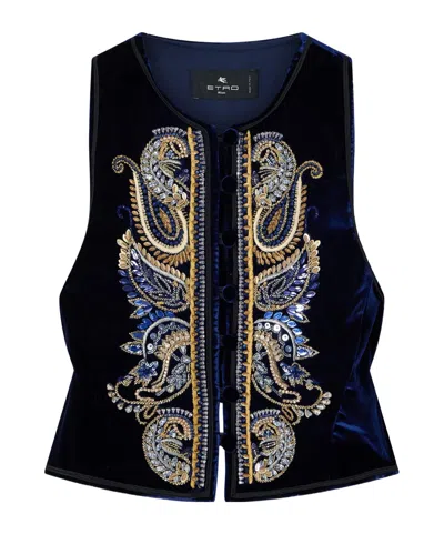 Etro Embroidered Embellished Velvet Vest In Black