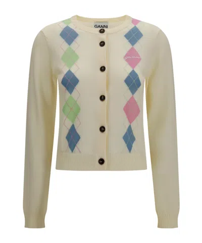 Ganni Diamond-pattern Cotton Cardigan In Multi