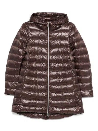 Herno Long Quilted Nylon Hooded Puffer Coat With Down Padding In Brown