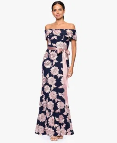Betsy & Adam Betsy Adam Womens Belted Soutache Off The Shoulder Dress In Blue