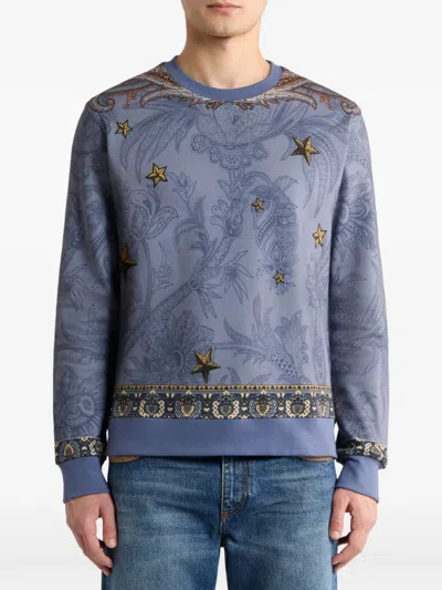 Etro Cotton-blend Sweatshirt With Placed Pegaso-print In Blue