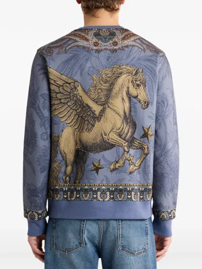 Etro Cotton-blend Sweatshirt With Placed Pegaso-print In Blue