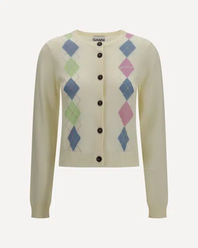 Ganni Diamond-pattern Cotton Cardigan In Neutral