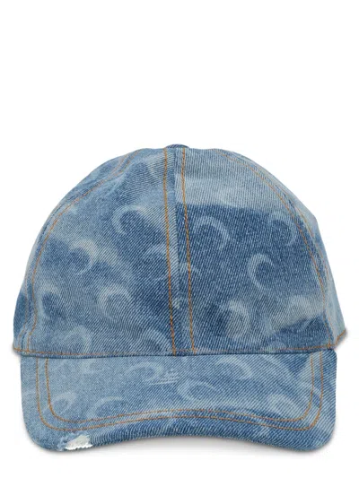 Marine Serre Denim Baseball Cap With Crescent Moon Pattern And Adjustable Strap In Blue