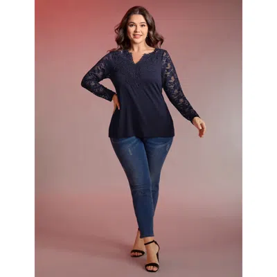 Bloomchic Sheer Lace Fitted Solid T-shirt In Blue