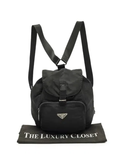 Pre-owned Prada Drawstring Triangle Logo Backpack In Black