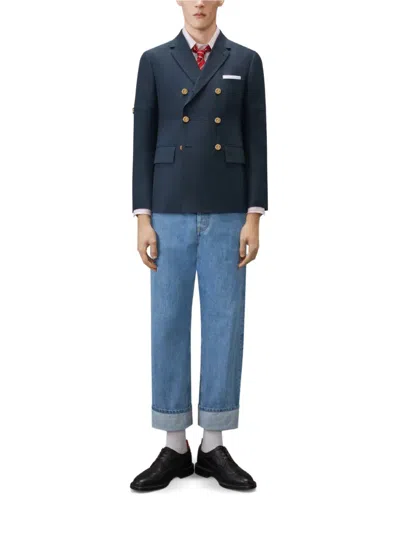Thom Browne University Stripe Double-breasted Jacket In Blue