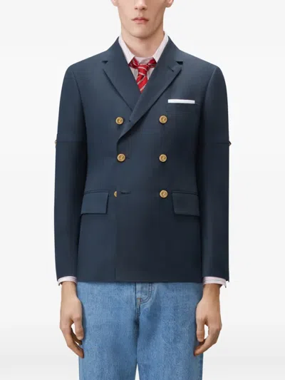 Thom Browne University Stripe Double-breasted Jacket In Blue