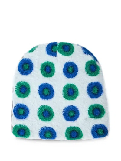 Beautiful Patterned Beanie In A Textured Wool Knit.soft Wool Constructiongraphic Pattern Designcurved Top In Blue