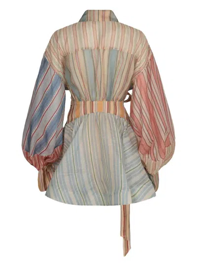 Zimmermann Rebellion Multicolor Midi Dress With Bow Detail On The Front And All-over Striped Motif In Linen And