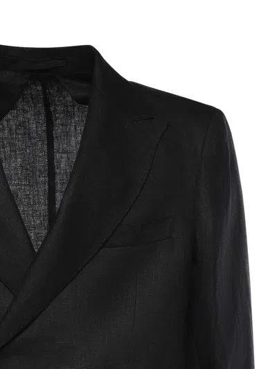 Michael Coal Double-breasted Linen Blazer In Black