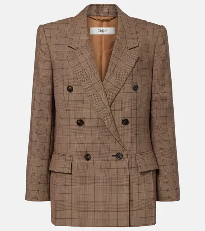 Chloé Double-breasted Tailored Jacket In Check Wool In Brown