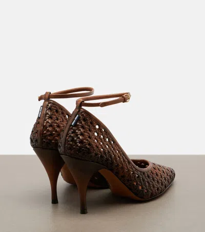 Miu Miu 80 Woven Leather Pointed Pumps In Brown