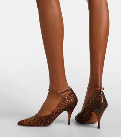 Miu Miu 80 Woven Leather Pointed Pumps In Brown