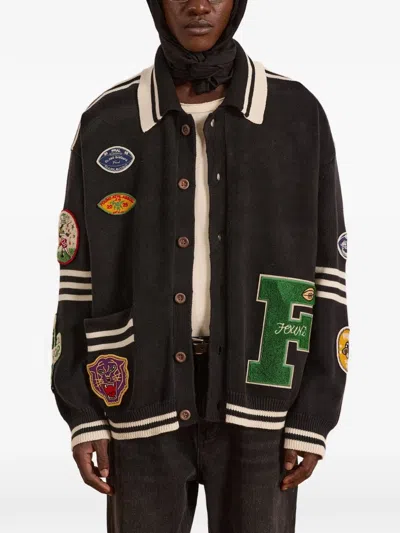 Found Varsity Patch Collared Cardigan In Gray