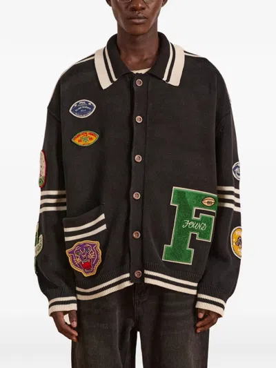 Found Varsity Patch Collared Cardigan In Gray