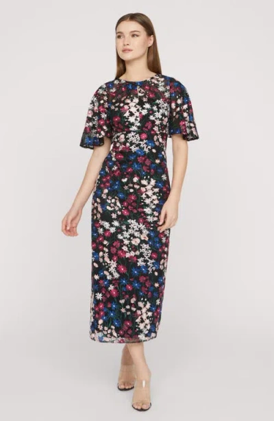 Js Collections Ursala Embroidered Flutter Sleeve Gown In Blue