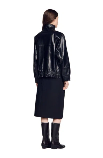 Sandro Oversized Leather Jacket In Black