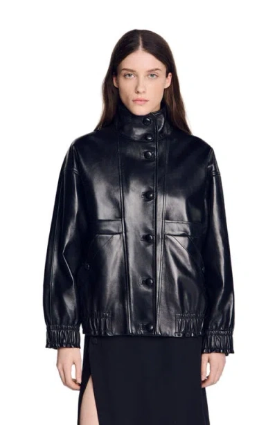 Sandro Oversized Leather Jacket In Black