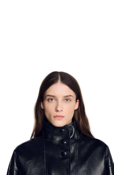 Sandro Oversized Leather Jacket In Black