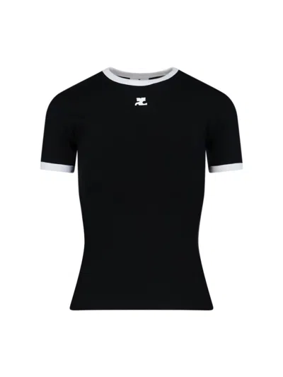 Courrèges Courreges Women Cotton T Shirt With Contrasting Profiles In Black