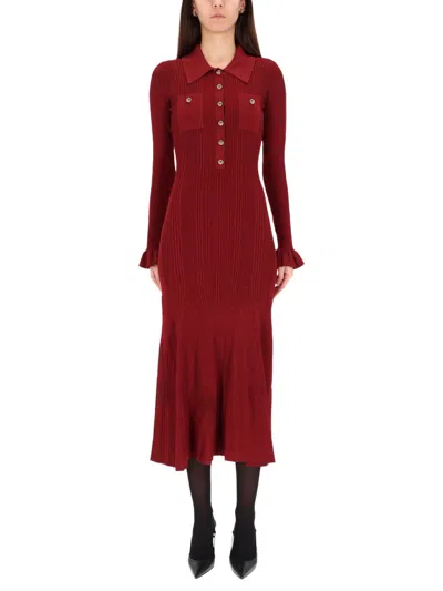 Self-portrait Button-embellished Ribbed-knit Midi Dress In Burgundy
